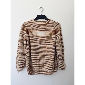 Vintage Handmade Striped Knit Sweater Brown Cream Hand Knit Raglan Womens M